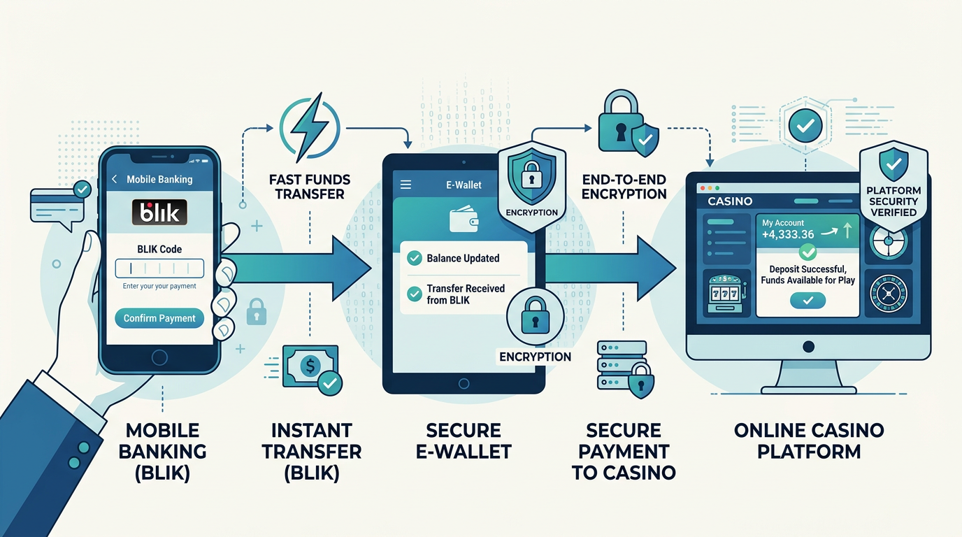 Infografika przedstawiająca bezpieczny proces wpłaty depozytu do kasyna online przez BLIK i portfel elektroniczny