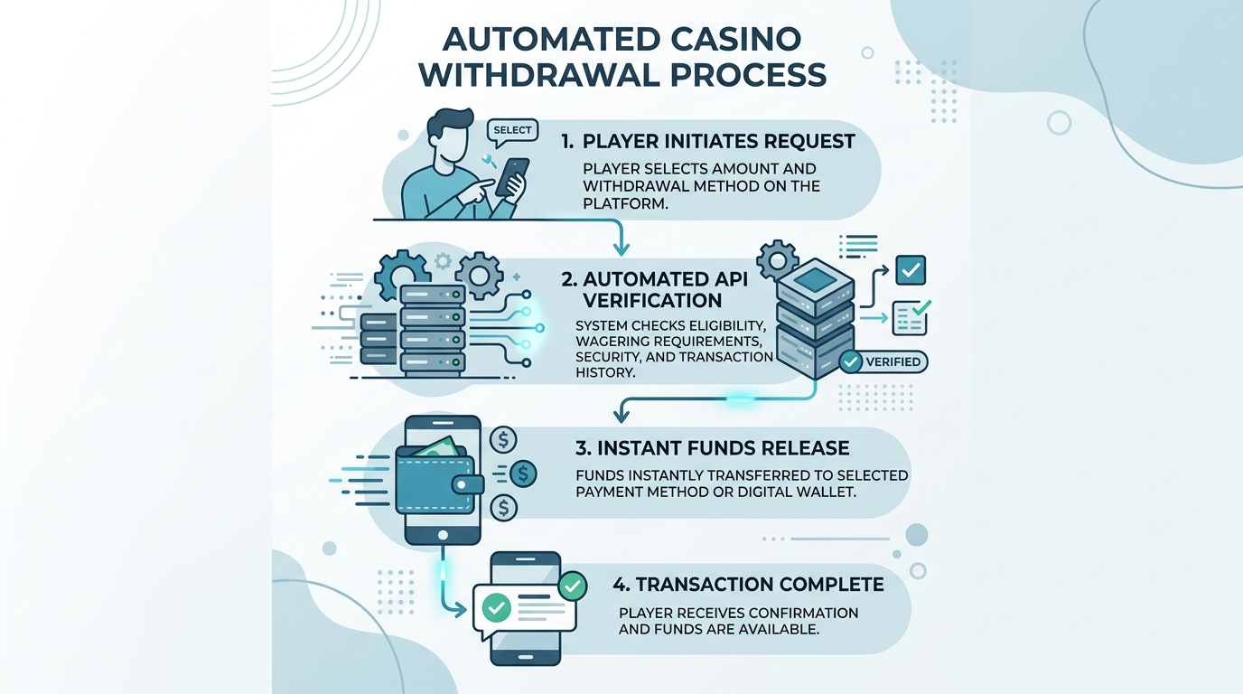 Infografika przedstawiająca proces automatycznej wypłaty z kasyna online przez API