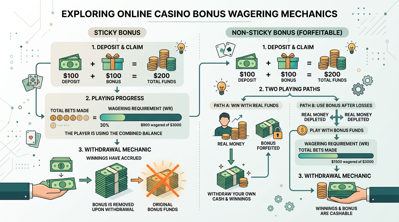 Infografika przedstawiająca zasady obrotu bonusem kasynowym i różnice między bonusem typu Sticky i Non-Sticky