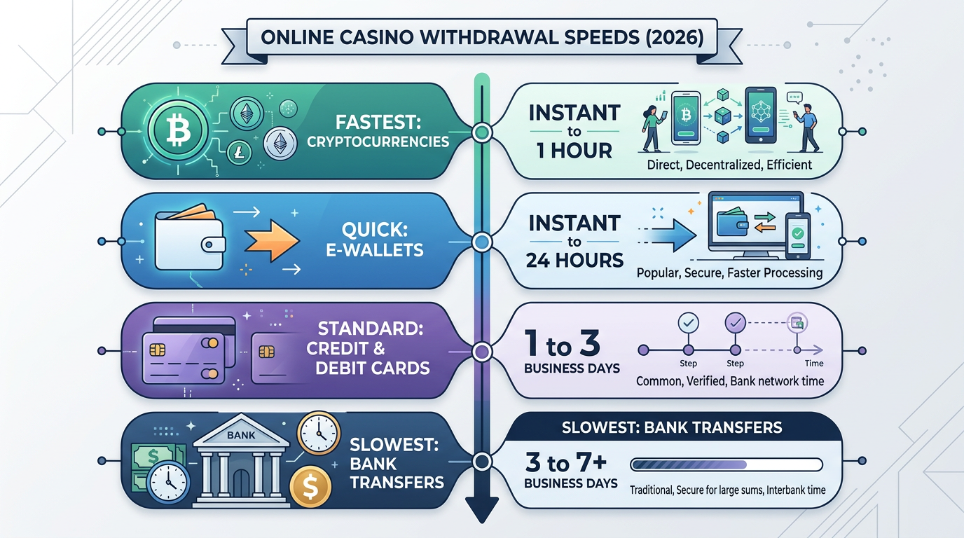 Infografika porównująca szybkość wypłat w kasynach online w 2026 roku