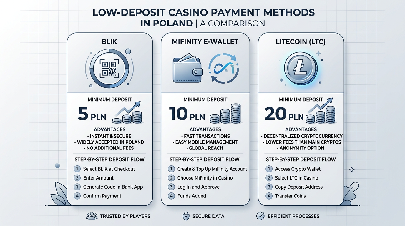 Infografika porównująca metody płatności dla niskich depozytów w kasynach online